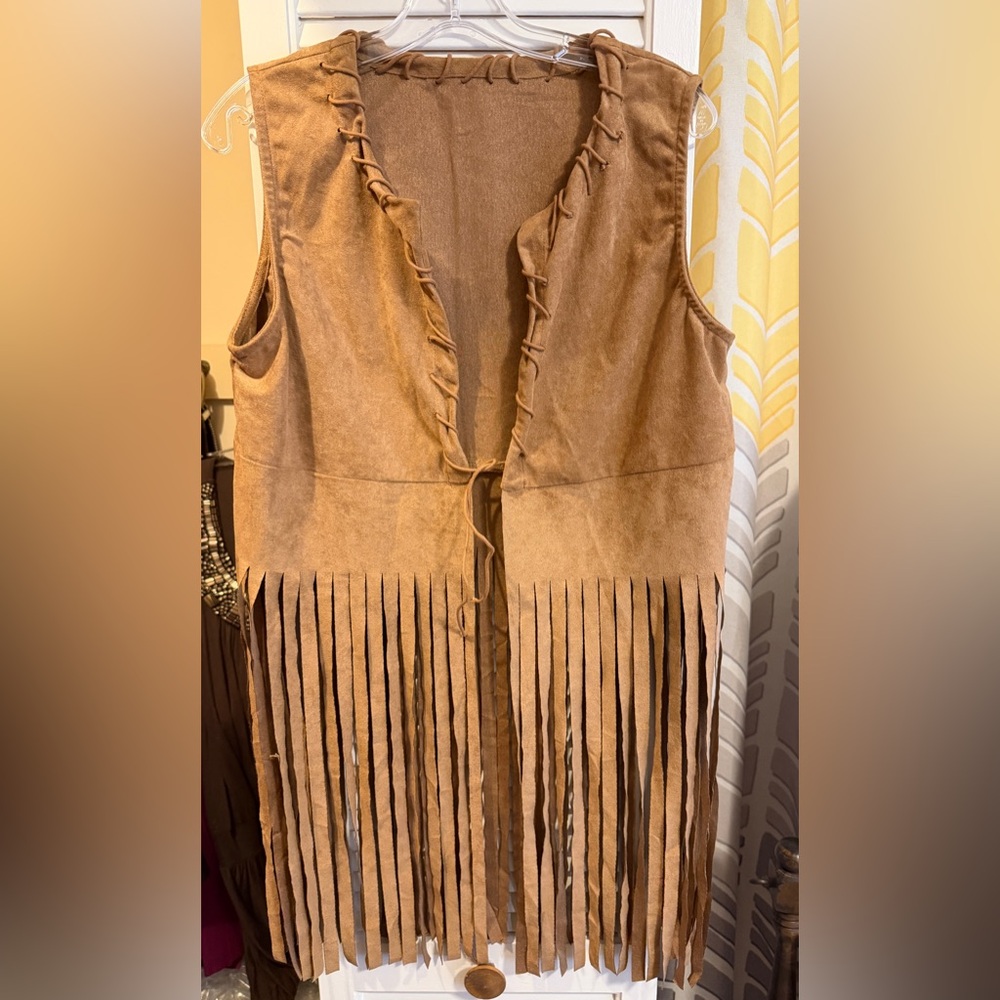 Fringed Faux Suede Vest in Camel Brown